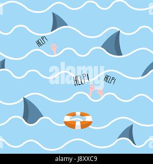 Shark in  sea seamless pattern. Man drowns. Scenery screams help. Background of  fin of marine predator and waves. Lifebuoy in ocean. Stock Vector