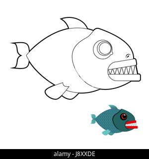 Piranha coloring book. Terrible sea fish with large teeth. Angry sea creature. Marine predator on white background. Stock Vector