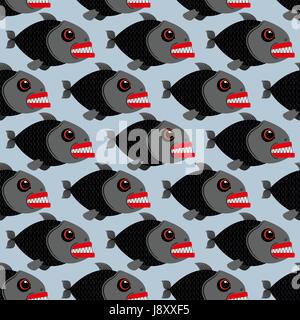 Piranha seamless pattern. Many bloodthirsty marine predators. Marine vector background. Texture of Evil fish. Flock of dangerous Piranha Stock Vector