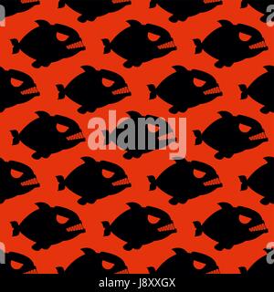 Aggressive seamless pattern from Piranha. Fish silhouettes with large teeth on red bloody background. Flock of evilmarine predators. Stock Vector