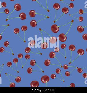 Fresh Red Cherry Seamless Pattern on Blue Background Stock Vector
