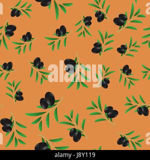 Black Olives Isolated on Orange Background. Seamless Pattern Stock Vector