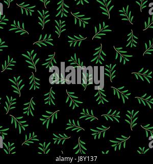 Summer Floral Texture Isolated on Black Background. Seamless Random Leaves Pattern Stock Vector