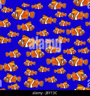 Orange Fish Seamless Pattern on Blue Background Stock Vector