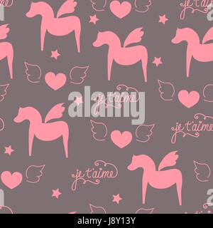 Seamless surface pattern, romantic, valentine, pegasus horses with wings, heart, calligraphic lettering in french i love you, pink, dark purple fabric Stock Vector