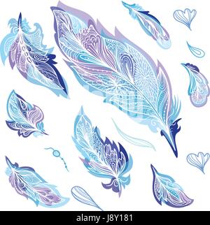 Vector creative sketch ornamental design elements in indigo color with transparent watercolor effect Stock Vector