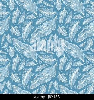 Seamless sketch texture with white ornamental feathers on blue background Stock Vector