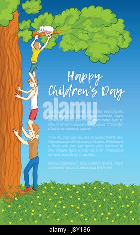 Happy Childrens Day. Three children save a cat stuck on a tree branch. Symbol of teamwork and mutual support. Vector illustration. Stock Vector