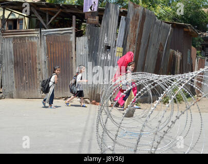 Srinagar, India. 30th May, 2017. A group of Girl children passes the concentina wires laidby Indian Forces during curfew in Kashmir. Curfew has been put in plcae in Kashmir on third day to counter the protests against the killing of Kashmiri Rebel Sabzar in an encounter with Indian Forces in Tral area of Kashmir on Saturday. Credit: Muzamil Mattoo/Pacific Press/Alamy Live News Stock Photo