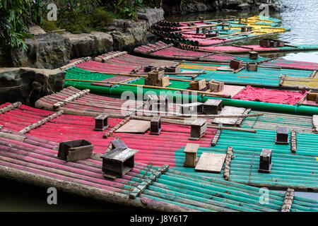 Reed Flute Cave, Guangxi Region, China.  Bamboo Rafts. Stock Photo