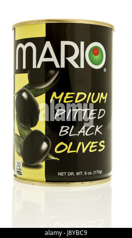 Winneconne, WI - 13 May 2017: A can of Mario medium pitted black olives on an isolated background. Stock Photo