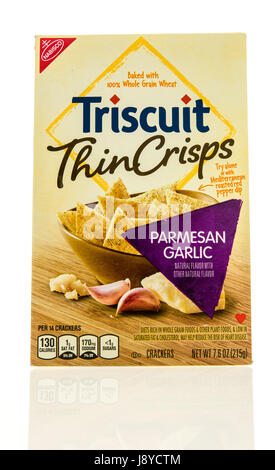 Winneconne, WI - 13 May 2017: A box of Triscuit thin crisps by Nabisco on an isolated background. Stock Photo