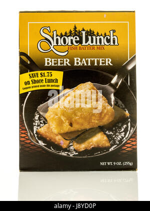 Winneconne, WI - 13 May 2017: A box of Shore Lunch fish beer batter mix on an isolated background. Stock Photo