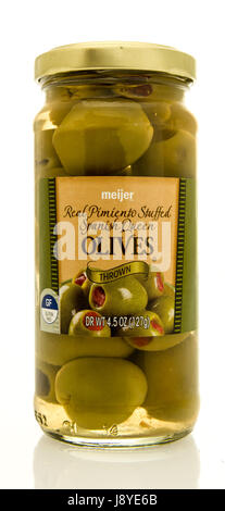 Winneconne, WI - 16 May 2017: A jar of Meijer stuffed spanish queen olives on an isolated background. Stock Photo