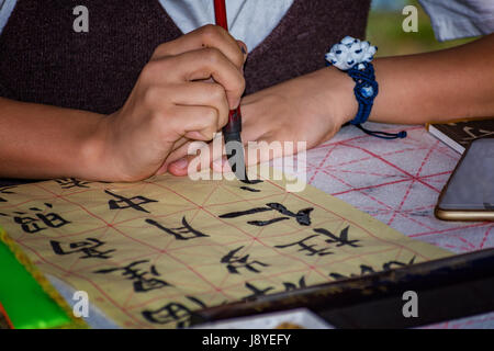 Calligrapher – Chinese girl doing calligraphy exercise Stock Photo