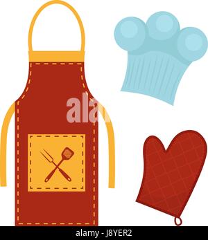 Kitchen set with apron, cook cap, potholder. Clothes for cooking, restaurant concept. Chef's uniform. Isolated on white background. Vector illustration. Stock Vector