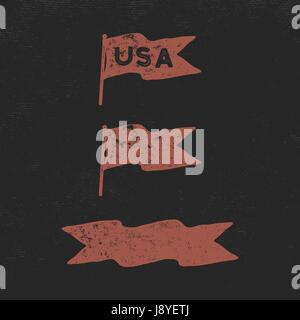 Hand drawn vintage flags collection. Retro roughen style. USA sign and blank pennant and ribbon. Easy to change color. Stock vector illustration isolated on dark scratched background Stock Vector