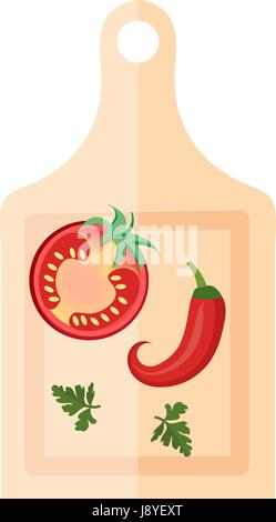 Wooden board for cutting vegetables with peppers and tomato icon, flat style. Isolated on white background. Vector illustration. Stock Vector
