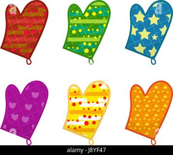 Kitchen potholders, mittens with different patterns. Isolated on white background. Vector illustration, clip-art. Stock Vector