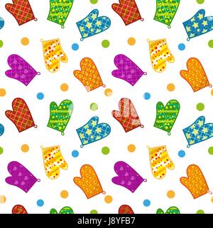 Kitchen potholders seamless pattern. Mittens for cooking endless background, repeating texture. Isolated on white background. Vector illustration. Stock Vector