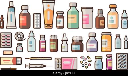 Pharmacy, medication, bottles, pills, capsules set icons. Drugstore, medicine, hospital concept. Vector illustration in flat style Stock Vector