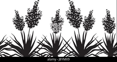 Horizontal Seamless of Flowers and Plants Yucca, Black Silhouette Isolated on White Background. Vector Stock Vector
