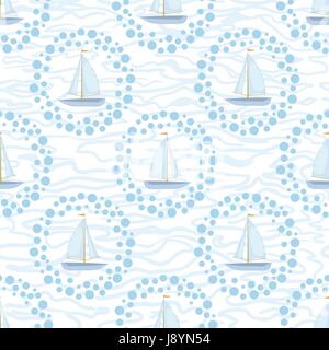 Seamless background, sailboats ships and blue sea waves. Vector Stock Vector