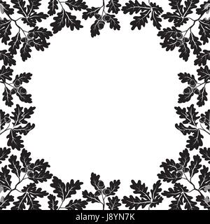 Background with a border of oak branches with leaves and acorns, black contours on white. Vector Stock Vector