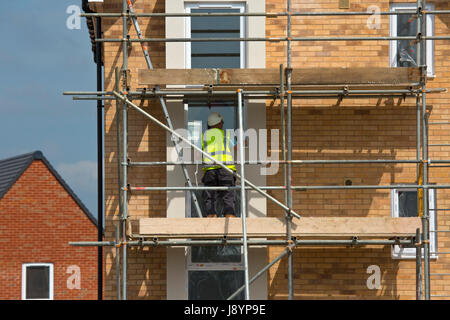builders working on a new housing development on scaffolding Stock Photo