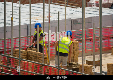 Two bricklayers or construction workers laying bricks on a new greenfield housing development with scaffolding and safety netting Stock Photo