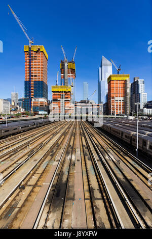 The Hudson Yards construction site with railway tracks (2017). Midtown, Manhattan, New York City