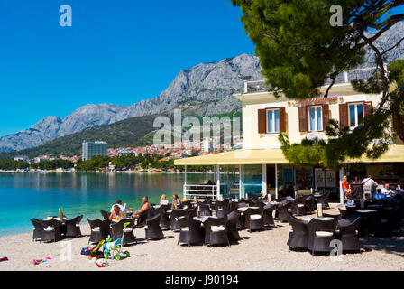 Bounty, cafe terrace, Plaza Donja Luka, the main beach, Makarska, Dalmatia, Croatia Stock Photo