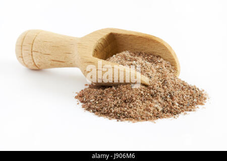 Himalayan black salt (Kala namak) with wooden scoop isolated on white background Stock Photo