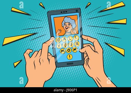 Call your mom. Smartphone and family. Cartoon comic illustration pop art retro style vector Stock Vector