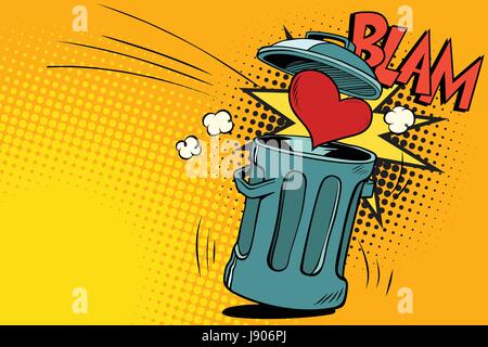 end of love, heart thrown in the trash. Cartoon comic illustration pop art retro style vector Stock Vector