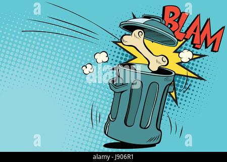 Bone dog flies in the trash. Cartoon comic illustration pop art retro style vector Stock Vector