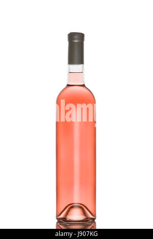 Clear glass wine bottle filled with vibrant rosé wine, sealed with a dark grey capsule, isolated against a seamless white background Stock Photo