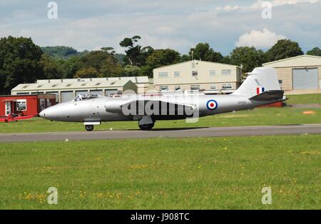 English Electric Canberra PR9 bomber jet XH134 taking off during the Dunsfold airshow in Surrey, England on August 23, 2014. It was built in 1959. Stock Photo