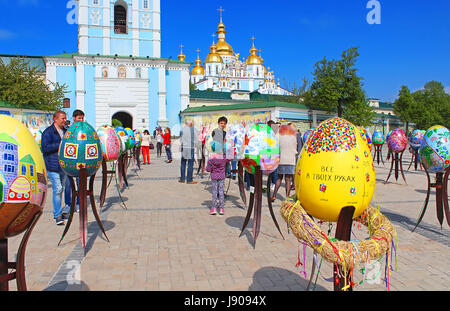 KYIV, UKRAINE - MAY 01, 2017: Painted eggs. Street festival of large Easter eggs on Mikhailovska Square Stock Photo