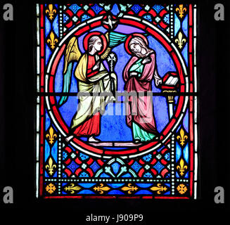 Nativity Window, stained glass by Oudinot of Paris, 1861, Feltwell Church, Norfolk, Annunciation by Archangel Gabriel to Virgin Mary Stock Photo