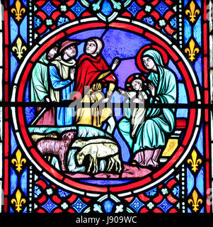 Nativity Window, stained glass by Oudinot of Paris, 1861, Feltwell Church, Norfolk Stock Photo
