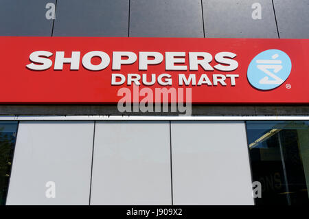 Close-up of a Shoppers Drug Mart pharmacy sign in  Vancouver, British Columbia, Canada Stock Photo