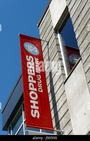 Close-up of  a Shoppers Drug Mart pharmacy sign in  Vancouver, British Columbia, Canada Stock Photo