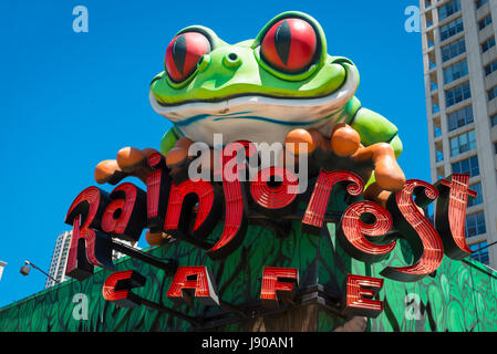 Chicago Illinois Near North Side Wabash Avenue Rainforest Cafe giant frog exterior famed for its flamboyant decor & popular with young children Stock Photo