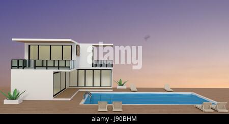 resort on sunset seaview with swimming pool in 3D rendering Stock Photo