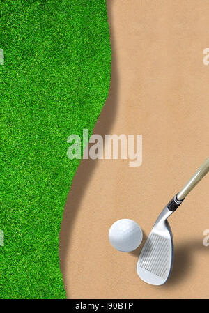 Golf ball on edge of sand trap bunker with wedge club ready to hit it out. Copy space and vertical orientation.