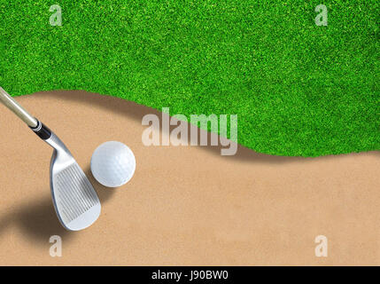 Golf ball on sand trap bunker with wedge club ready to swing it out. Copy space. Stock Photo