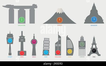 Time Zone World with Lanscape Landmark Vector art and illustration Stock Vector