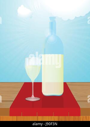 Glass Bottle of White Wine and Full Glass Over Wood Table on Sunny Sky Background Stock Vector