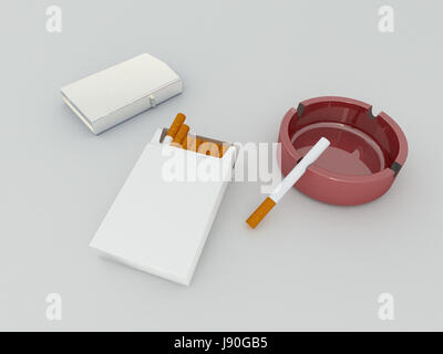 3D render of a white pack of cigarettes, silver lighter and red glass ashtray Stock Photo